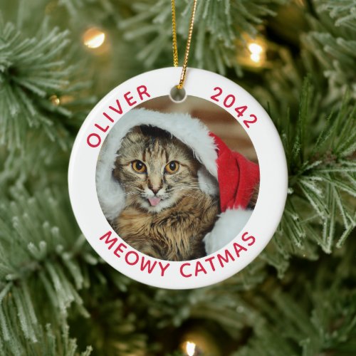 Funny Cat Meowy Catmas Photo Name Ceramic Ornament