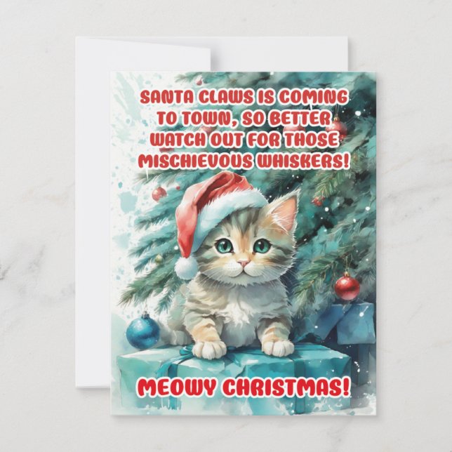 "FUNNY CAT MEOWY CHRISTMAS" Greeting Cards (Front)