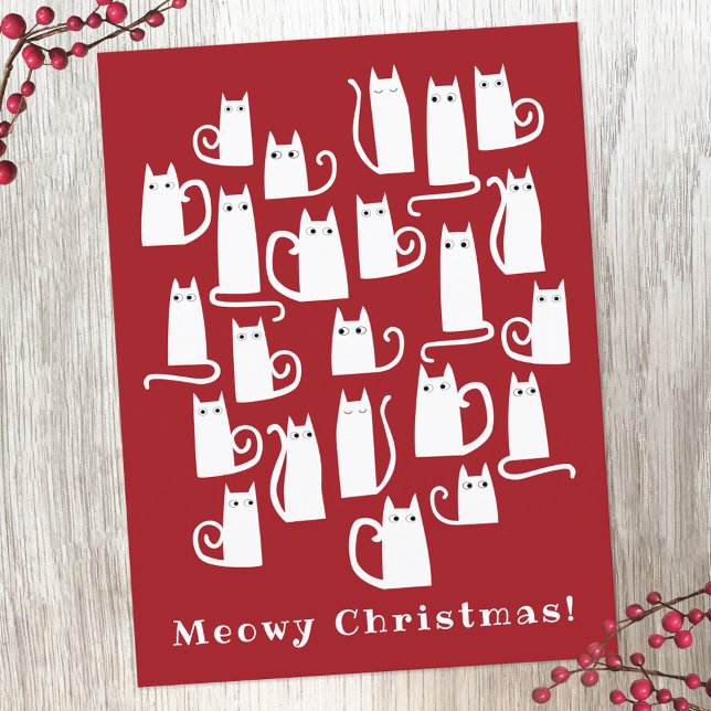 Funny Cat Meowy Christmas Holiday Postcard (Red and white cat fun holiday postcard)