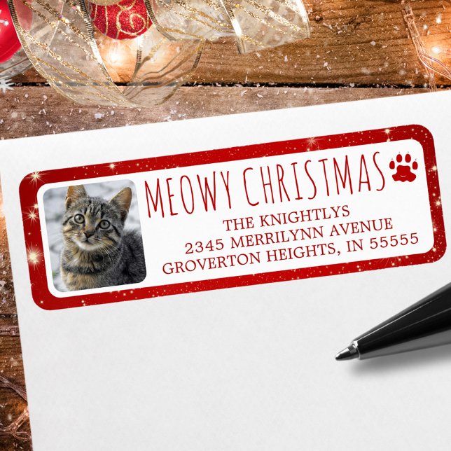Funny Cat MEOWY CHRISTMAS Photo Red Pawprint Label (Creator Uploaded)