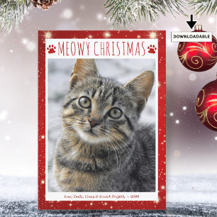 Funny Cat MEOWY CHRISTMAS Photo Red Pawprints Holiday Card