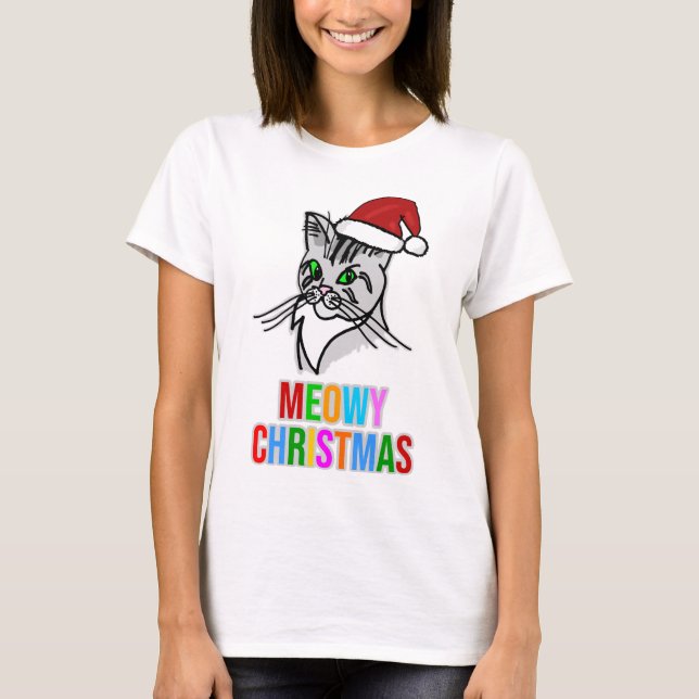 Funny Cat Meowy Christmas T-Shirt (Front)