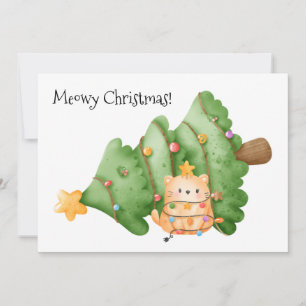 Funny Cat Meowy Christmas Tree Lights Watercolor Holiday Card
