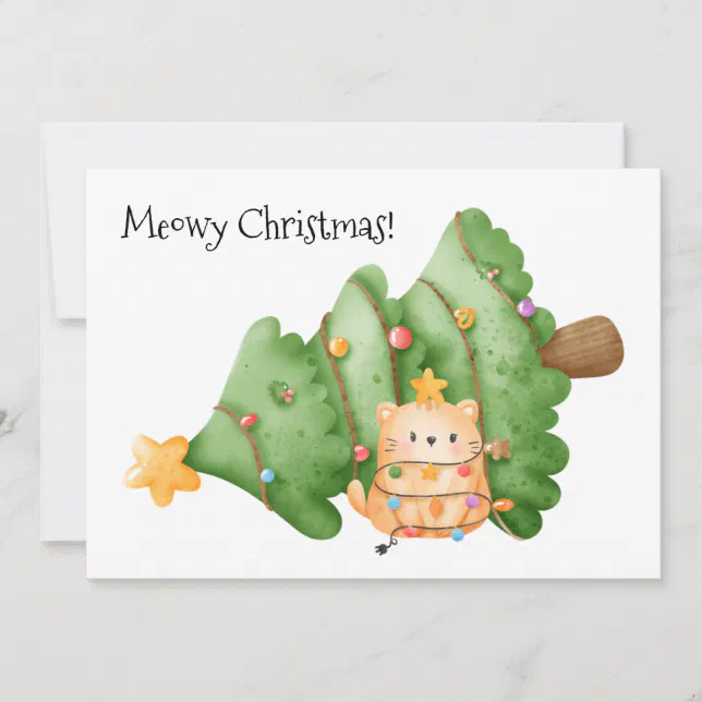 Funny Cat Meowy Christmas Tree Lights Watercolor Holiday Card | Zazzle