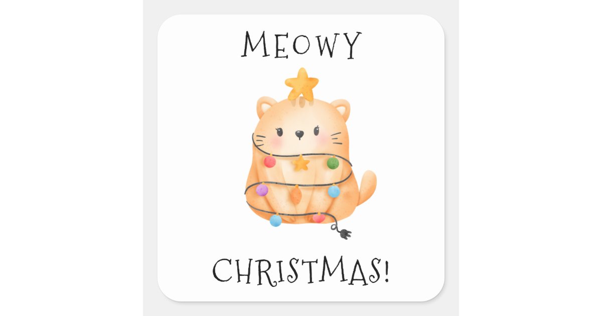 Funny Cat Meowy Christmas Tree Lights Watercolor Square Sticker | Zazzle