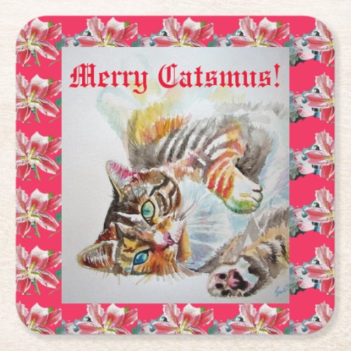 Funny Cat Merry cats Christmas Red Lily Coasters
