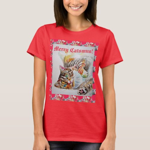Funny Cat Merry cats Christmas Red Womens T Shirt
