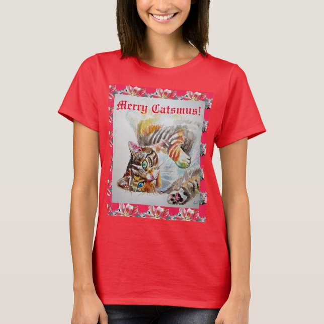 Funny Cat Merry cats Christmas Red Womens T Shirt (Front)