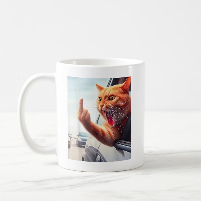 Funny Cat Middle Finger Hilarious Cat In The Car C Coffee Mug (Left)