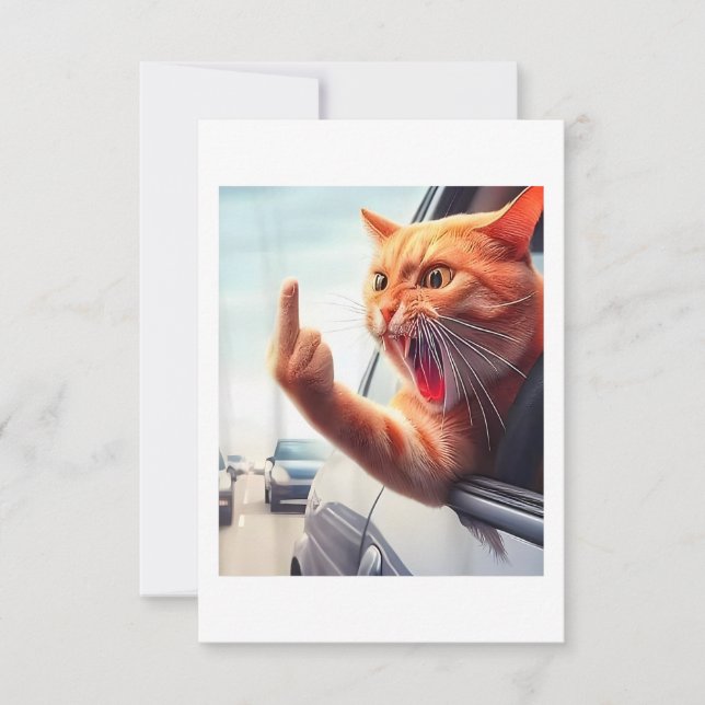 Funny Cat Middle Finger Hilarious Cat In The Car C Thank You Card (Front)