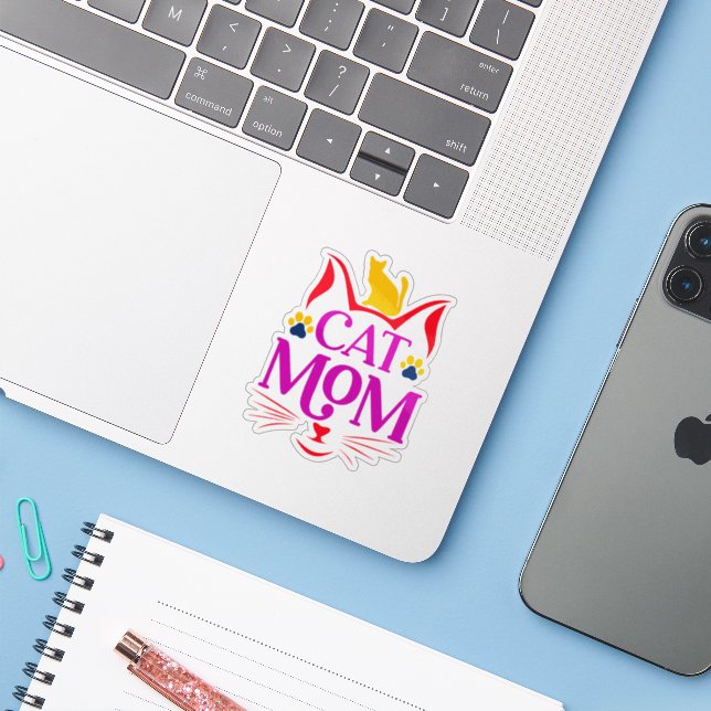 Funny Cat Mom Sticker (Laptop w/ iPhone)