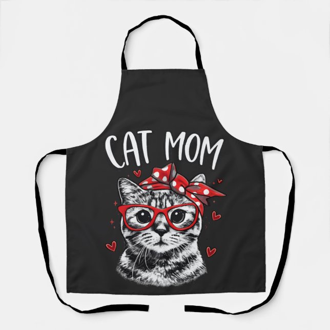 Funny Cat Mom with Glasses & Bandana Black Kitchen Apron (Front)