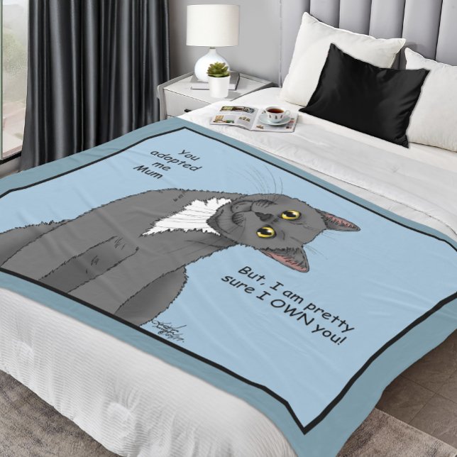 Funny Cat Mother’s Day Gray Cat Blue Fleece Blanket (Creator Uploaded)