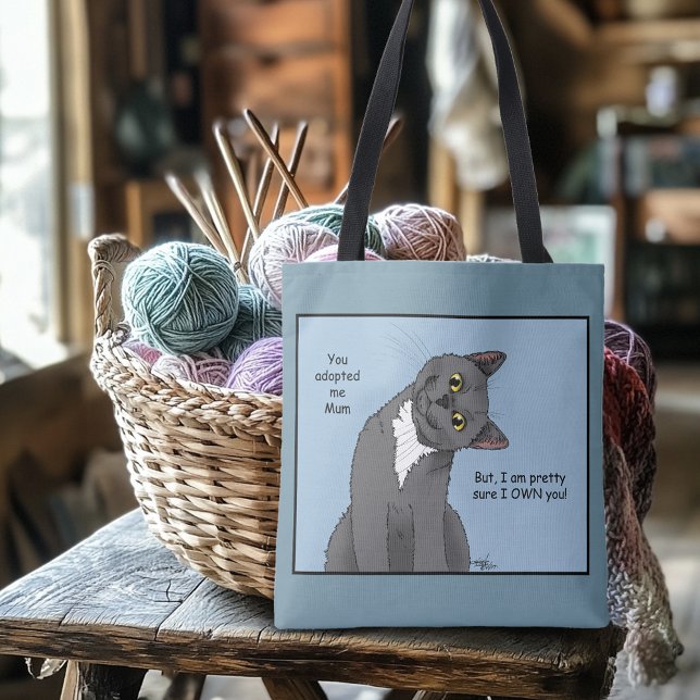 Funny Cat Mother’s Day Gray Cat Blue Tote Bag (Creator Uploaded)