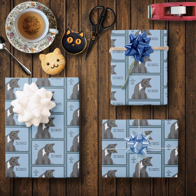 Funny Cat Mother’s Day Gray Cat Blue Wrapping Paper Sheets (Creator Uploaded)