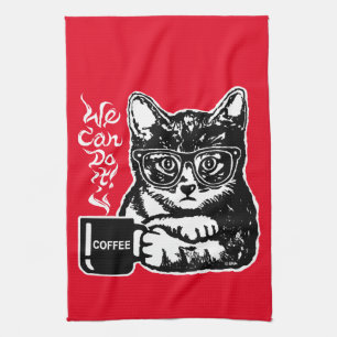 Funny cat motivated by coffee kitchen towel