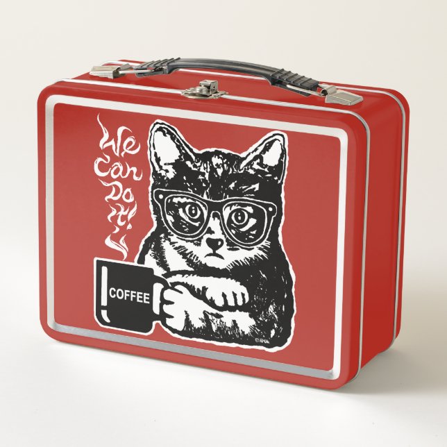 Funny cat motivated by coffee metal lunch box (Front)