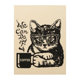 Funny cat motivated by coffee wood wall art