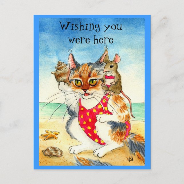 Funny Cat & Mouse Beach Vacation postcard (Front)