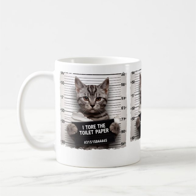 Funny Cat Mugshot Mischievous Kitty Humor Cat Coffee Mug (Left)