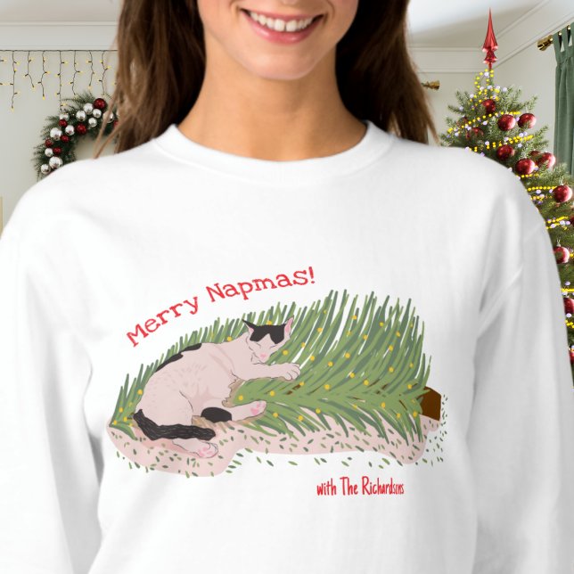 Funny Cat Napping on Fallen Christmas Tree Sweatshirt (Creator Uploaded)