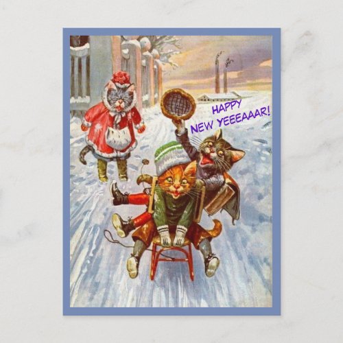 Funny Cat New Year Postcard Vintage Cats on Sled