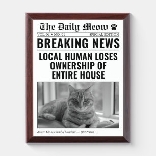 Funny Cat Newspaper Breaking News Photo Award Plaque