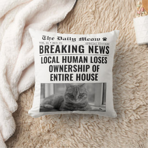 Funny Cat Newspaper Breaking News Photo Throw Pillow