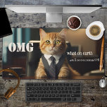 Funny Cat Office Desk Mat<br><div class="desc">A desk mat featuring a cute cat in office outfit behind a desk and your custom funny (or other) texts. (Don't do this to your cat at home).</div>