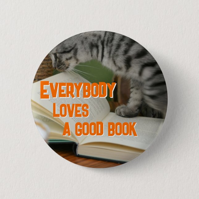 Funny Cat on Book Saying Button (Front)