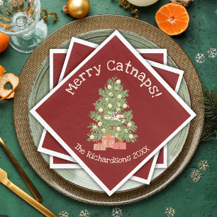 Funny Cat on Chistmas Tree Merry Catnaps! Red Napkins