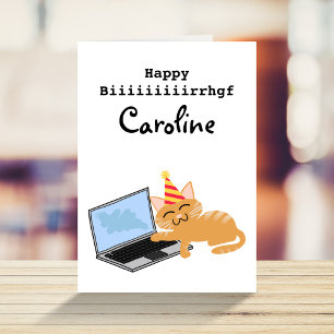 Funny cat on laptop typing Happy Birthday Card
