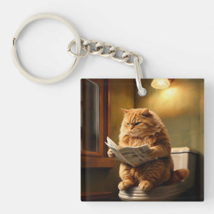 Funny Cat on Toilet Quirky Bathroom Humor Keychain