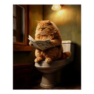 Funny Cat on Toilet   Quirky Bathroom Humor Poster