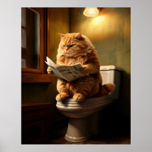 Funny Cat on Toilet   Quirky Bathroom Humor Poster