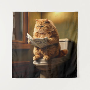 Funny Cat on Toilet Quirky Bathroom Humor Tapestry