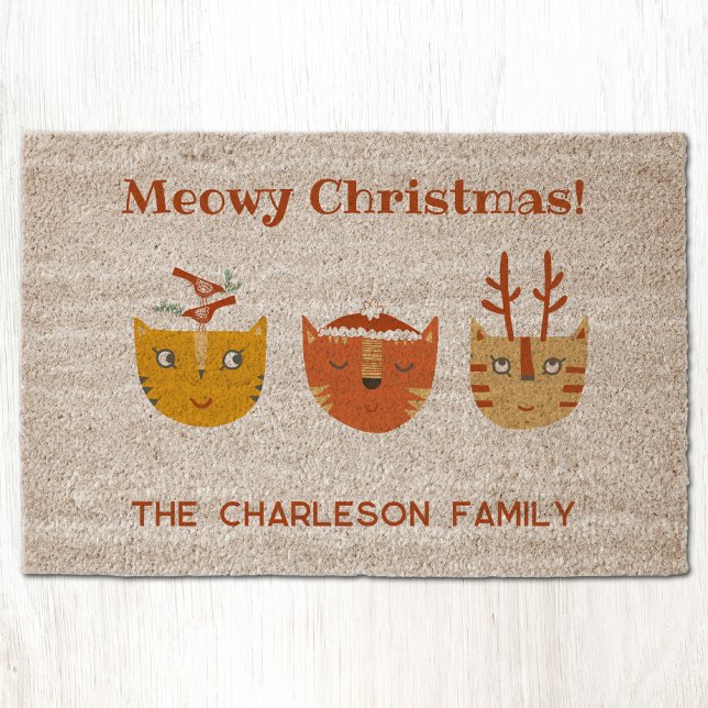 Funny Cat Personalized Christmas Fiber Doormat (Fun Meowy Christmas personalized name holiday decor fiber doormat)