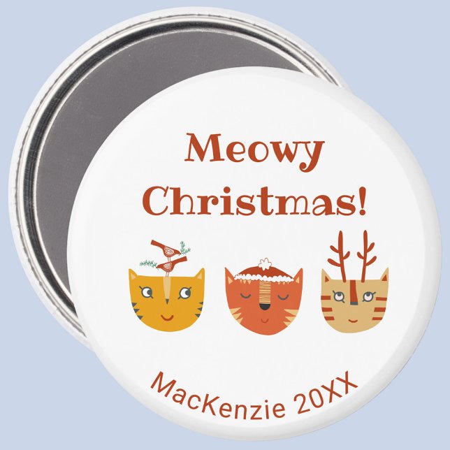 Funny Cat Personalized Christmas Magnet (Fun kitty cat Meowy Christmas personalized name year magnet)