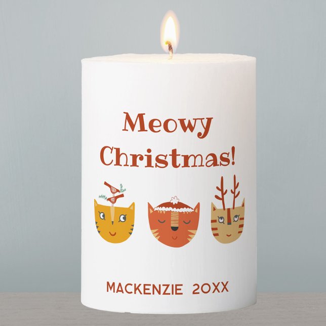 Funny Cat Personalized Christmas Pillar Candle (Meowy Christmas fun personalized cat pillar candle)