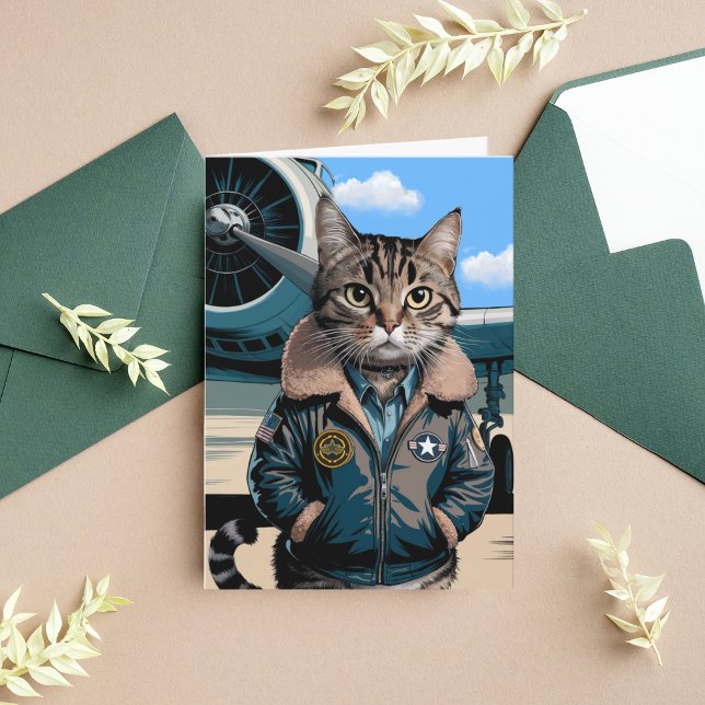 Funny Cat Pilot & Airplane, Cool Aviation Birthday Card (Creator Uploaded)