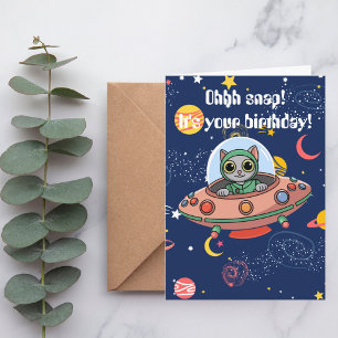 Funny Cat Pilot UFO Outer Space Birthday Cute Card