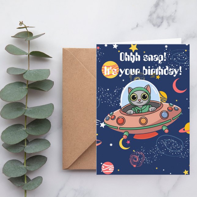 Funny Cat Pilot UFO Outer Space Birthday Cute Card (Creator Uploaded)