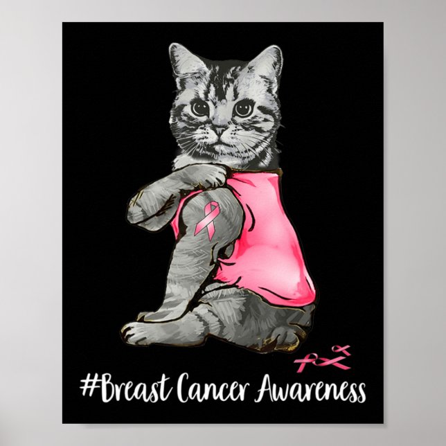 Funny Cat Pink Ribbon In October We Wear Pink Brea Poster (Front)