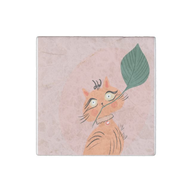  Funny Cat Plant Leaf Cartoon  Stone Magnet (Front)