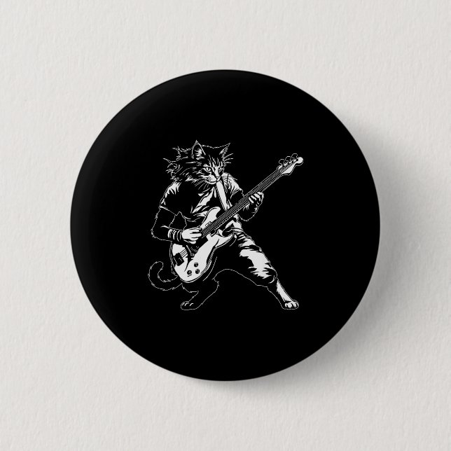 Funny Cat Playing B Guitar Rock Music Lover Musici Button (Front)