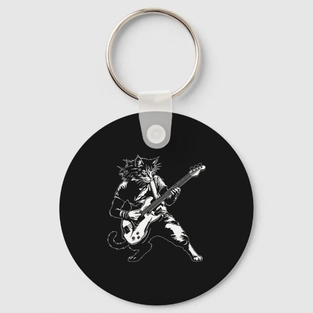 Funny Cat Playing B Guitar Rock Music Lover Musici Keychain (Front)