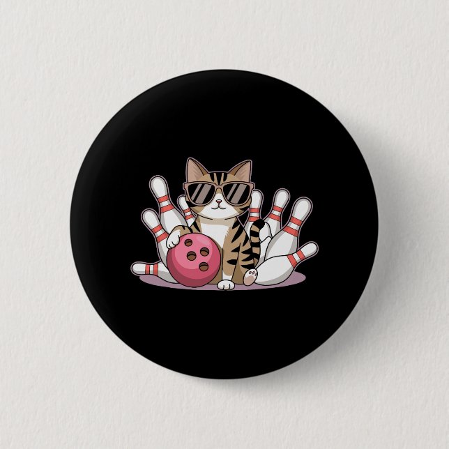 Funny Cat Playing Bowling Cool Cat With Sungles  Button (Front)