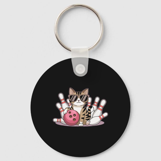 Funny Cat Playing Bowling Cool Cat With Sungles  Keychain (Front)