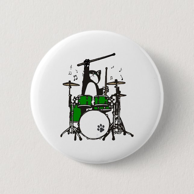 Funny Cat Playing Drums Button (Front)