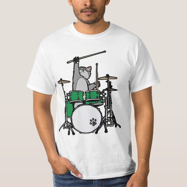 Funny Cat Playing Drums, Cat Drummer, Drummer Gift T-Shirt (Front)